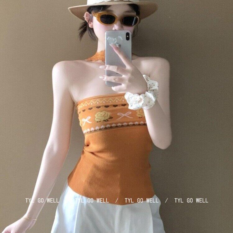 复古甜妹风橘色挂脖抹胸背心女夏季提花收腰显瘦辣妹无袖上衣