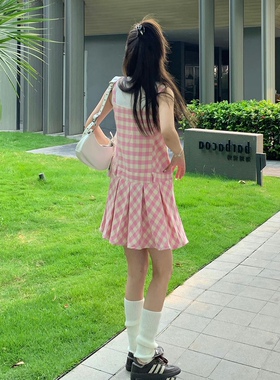 Promiseme甜美粉色格子百褶背带裙夏季吊带裙