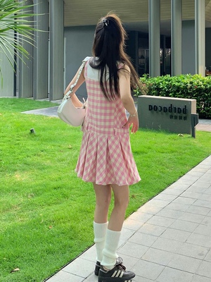 Promiseme甜美粉色格子百褶背带裙夏季吊带裙