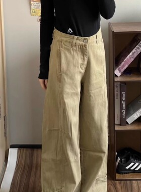 Promiseme美式复古卡其色工装牛仔裤女宽松显瘦直筒阔腿拖地裤秋
