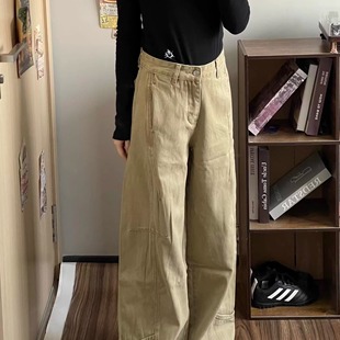 Promiseme美式复古卡其色工装牛仔裤女宽松显瘦直筒阔腿拖地裤秋