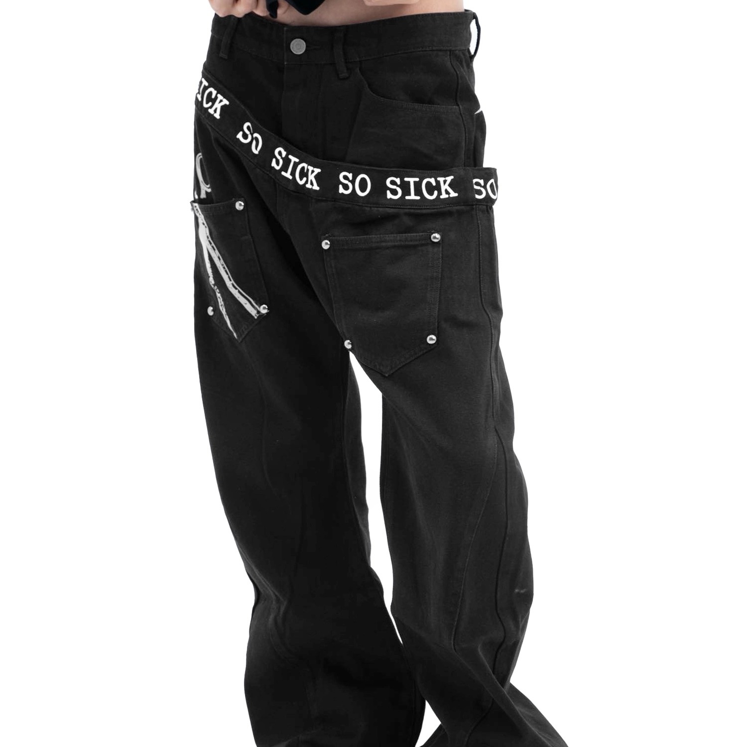 Promiseme原创标语字母廓形拼接弯刀高级黑色牛仔裤男女