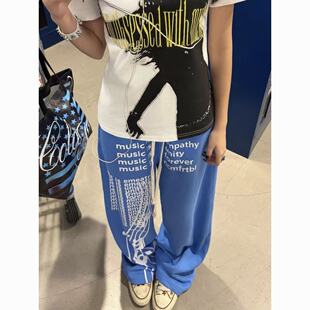 Promiseme美式街头休闲运动卫裤夏季乐谱印花baggy裤子直筒阔腿裤