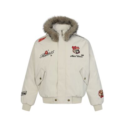 Promiseme美式复古短款加绒座山雕连帽外套可拆卸毛领棉服男冬