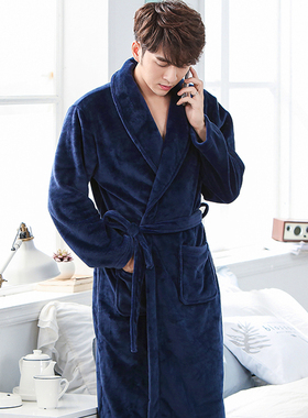 时尚家居服睡衣冬长款加厚法兰绒睡袍女性感长袖珊瑚绒浴衣浴袍男