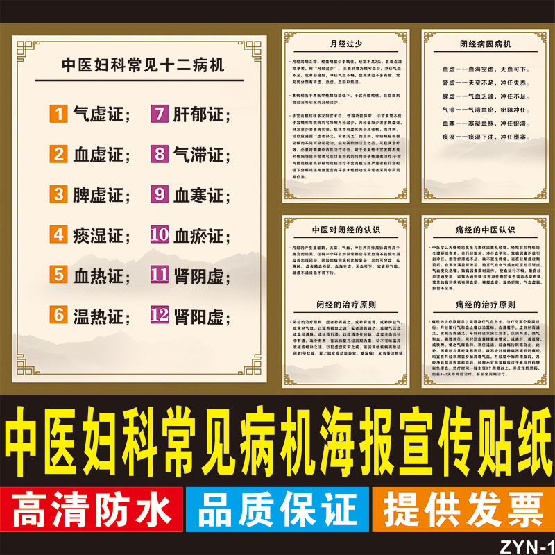 妇科常见十二病机挂图 养生馆中医妇科健康海报 女性月经治疗墙贴