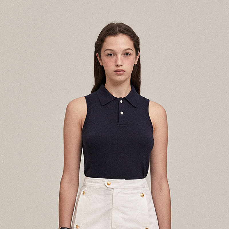 THE BARNNET KNIT SHORT SLEEVE WOMENS 24SS SUMMER NEW KOREAN VERSION SLIM SLIM LAPEL SLEEVELESS POLO SHIRT