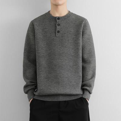 高级感秋冬季毛衣男亨利领一体加绒加厚慵懒风衣服宽松潮牌针织衫
