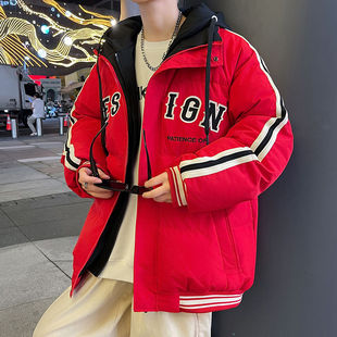 大红色本命年羽绒棉服男士秋冬季2024新款美式假两件加厚棉衣外套