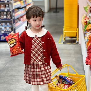 女童针织开衫格子连衣裙套装秋冬季新款毛衣女宝宝学院裙子两件套