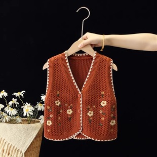 女童针织衫马甲春秋季花朵刺绣背心外搭叠穿复古提花无袖坎肩马夹