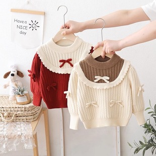 女童套头针织衫秋冬季2025宝宝洋气毛衣加厚荷叶边上衣时髦打底衫