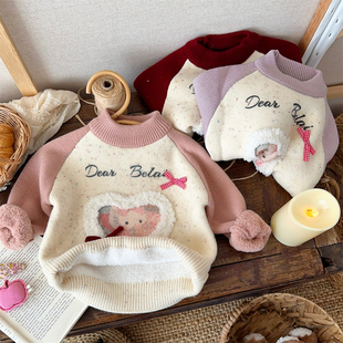 女童加绒加厚一体绒毛衣婴儿童卡通毛线衣可爱保暖针织上衣打底衫