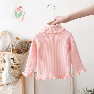 女童一体绒高领毛衣秋冬季新款儿童针织打底衫女宝宝花边内搭上衣