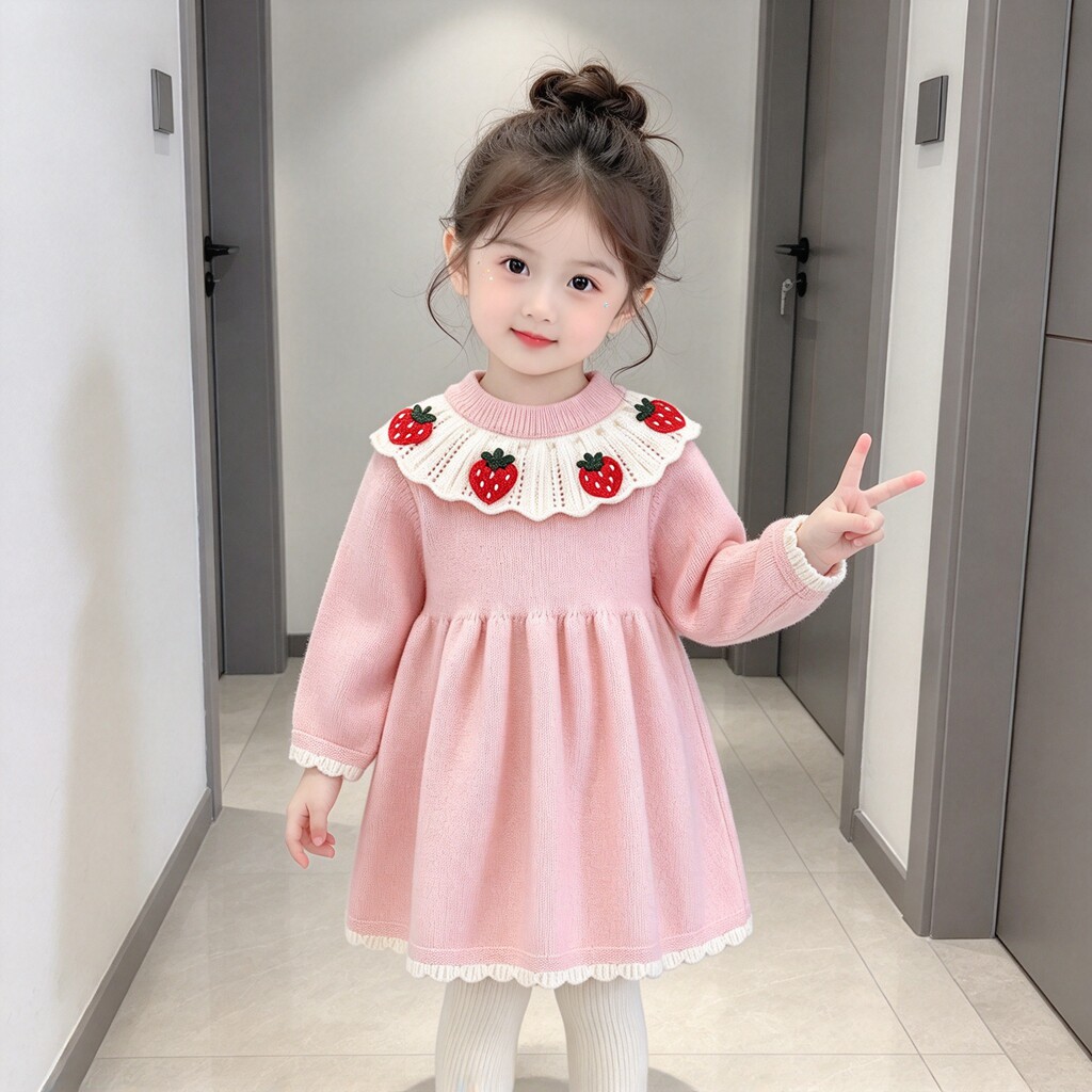 女童洋气毛衣裙草莓领连衣裙2026新款春秋冬季针织裙子周岁宝宝裙