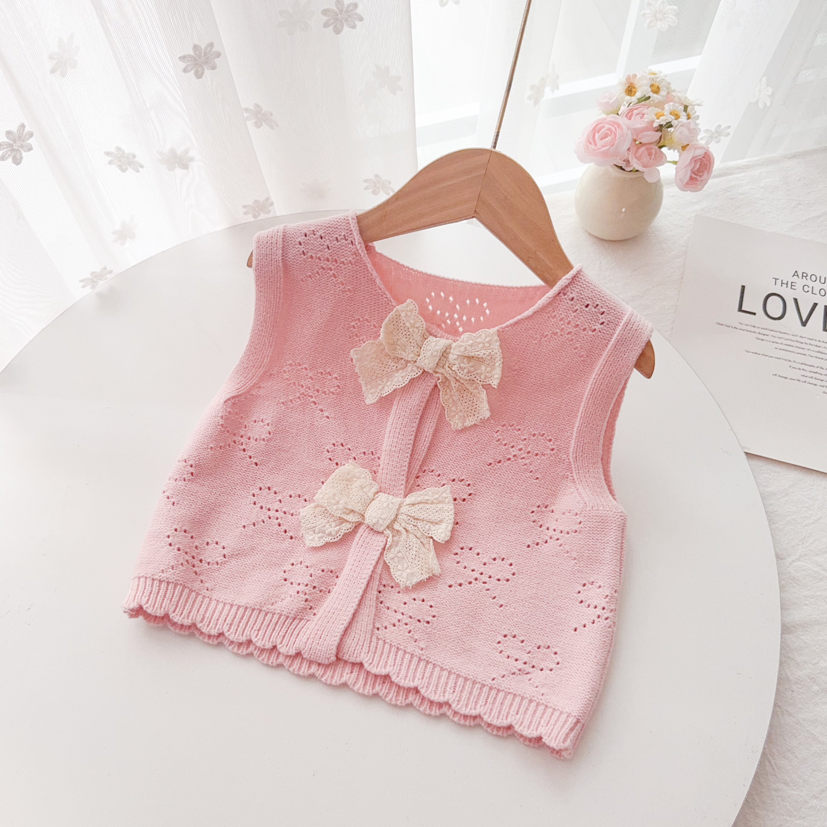 女宝宝毛衣马甲背心春秋季装洋气婴儿坎肩女童蝴蝶结儿童针织开衫