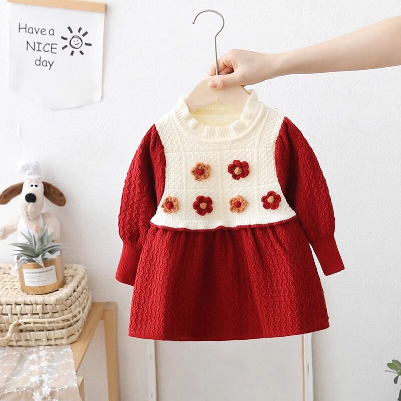 宝宝裙装儿童毛衣连衣裙小香风公主裙女童秋季长袖花朵洋气针织衫