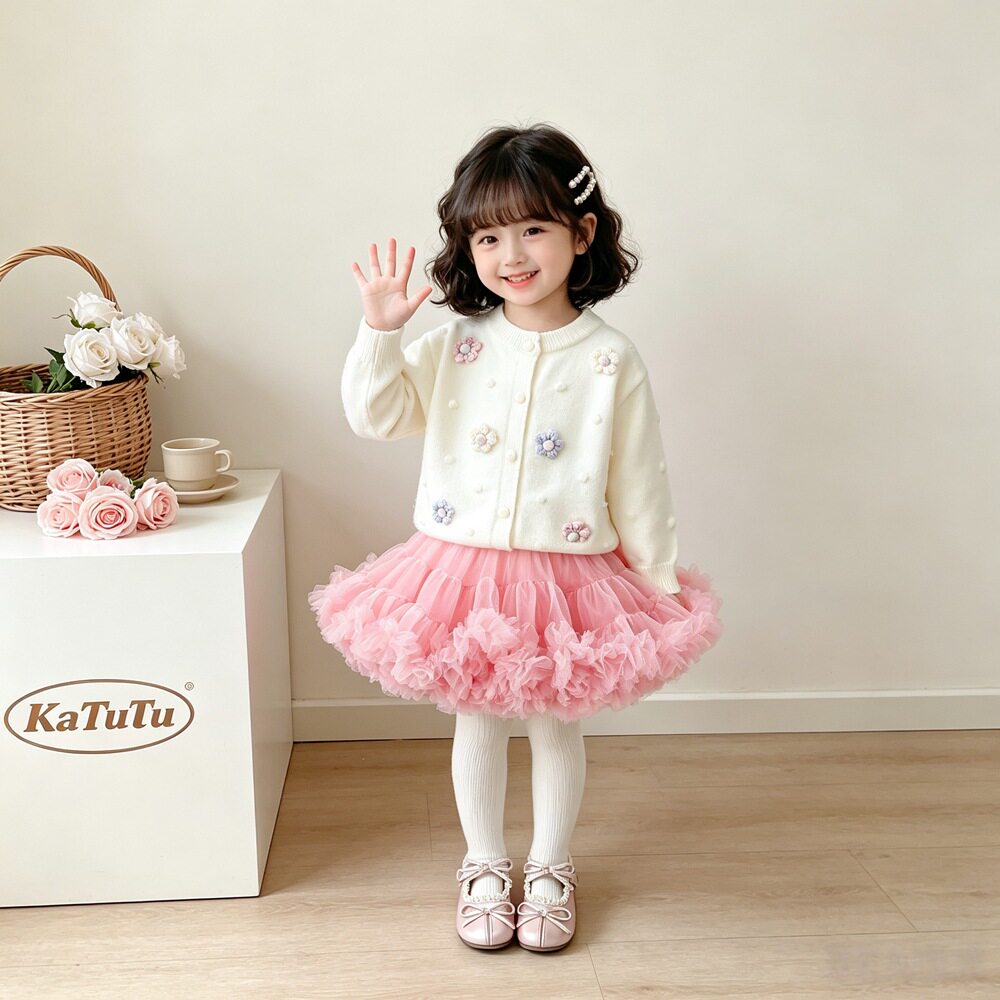女童春秋季针织套装花朵女宝宝蓬蓬tutu裙开衫两件套小童公主毛衣