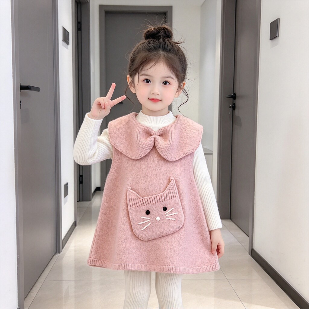 婴幼儿童针织马甲裙春秋女童翻领小猫洋气无袖背心连衣裙公主裙子