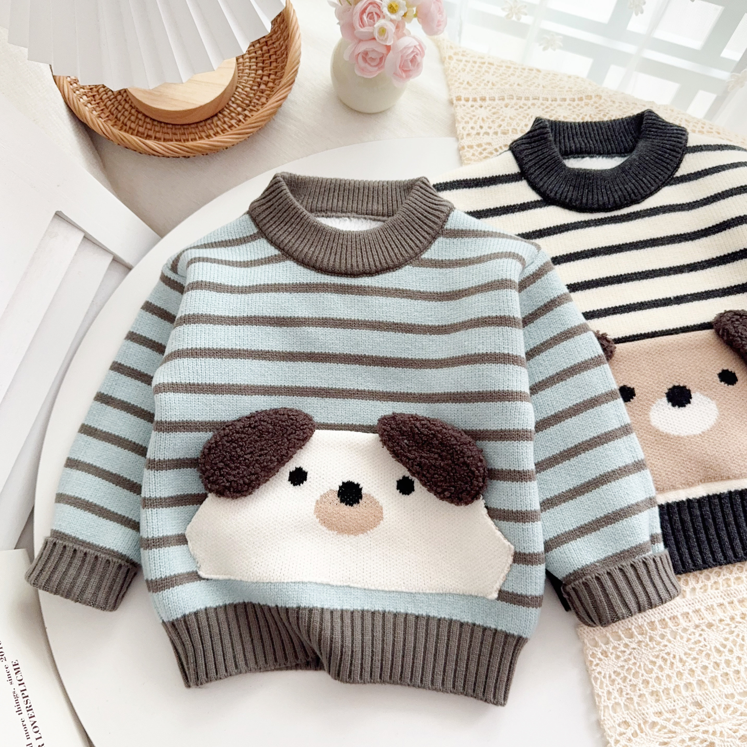 男宝宝冬季一体绒加厚毛衣2025新男童加绒卡通儿童小童针织打底衫