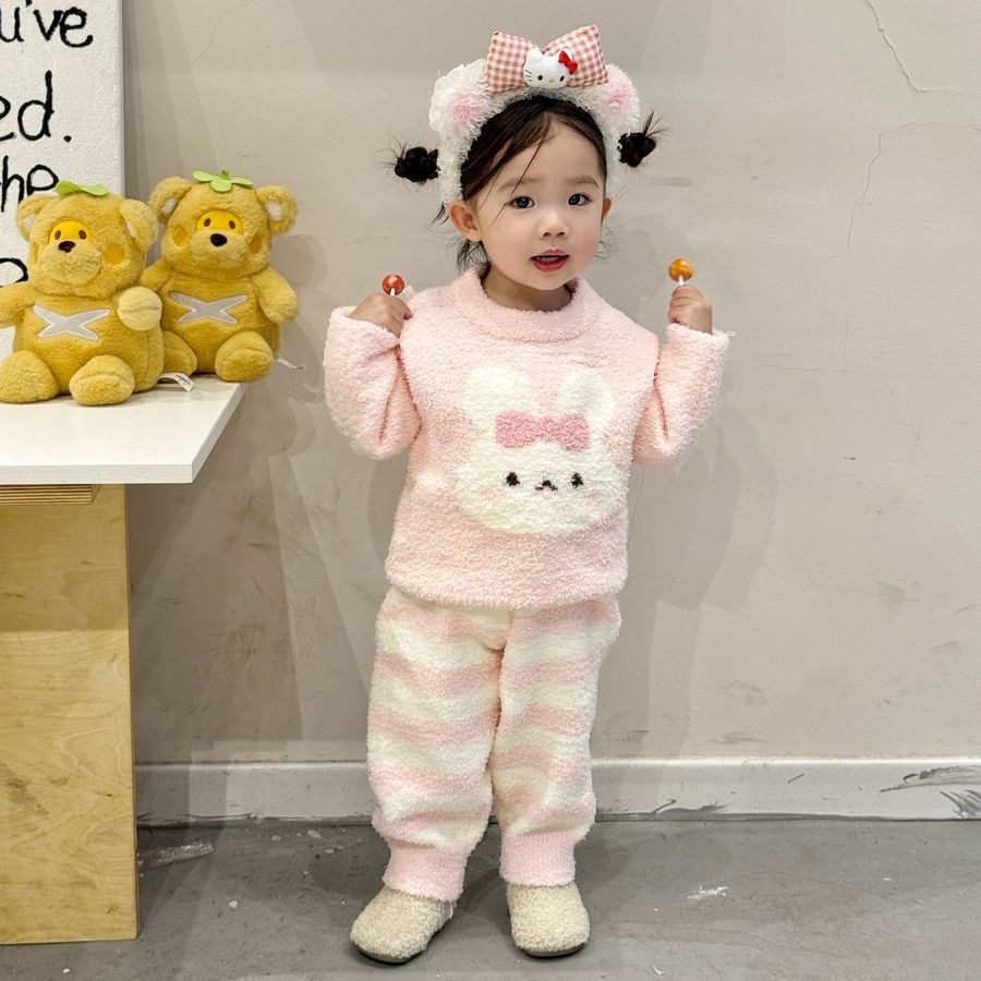 女童睡衣半边绒秋冬季家居服套装