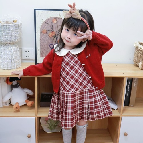 女童学院风套装秋装新款洋气女宝宝卡通针织毛衣背心JK格子连衣裙