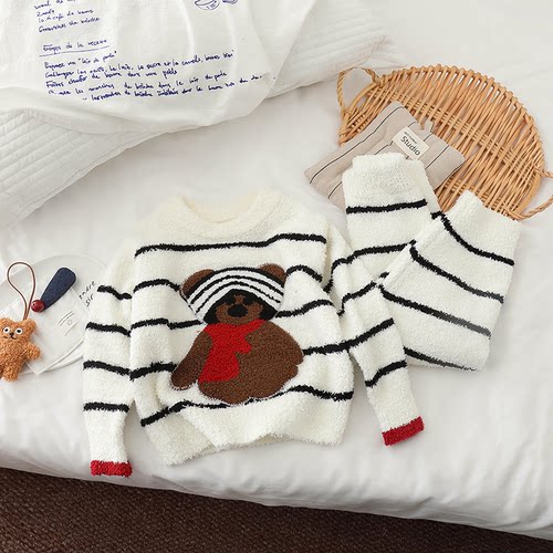 儿童半边绒睡衣秋冬季洋气卡通女童上衣裤子套装女宝宝小童家居服