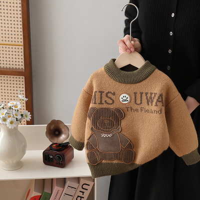 男童毛衣冬季一体绒针织打底衫男宝宝加绒内搭卡通儿童套头毛线衣