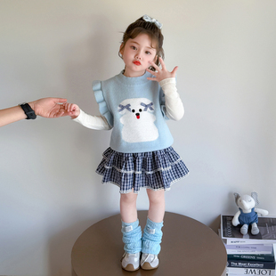 女童春秋季新款洋气2025小女孩休闲马甲短裙套装女宝宝秋装两件套