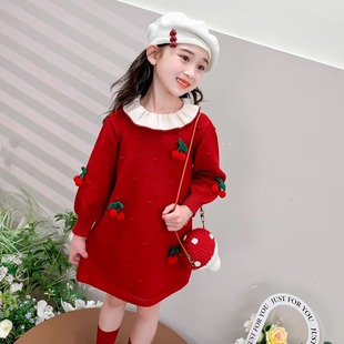 春秋款宝宝时尚百搭连衣裙中小童打底针织衫娃娃领毛衣洋气拜年裙