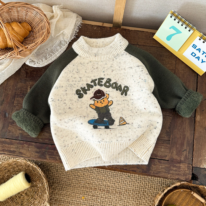 男宝宝针织衫卡通加绒毛衣加厚男童冬季保暖一体绒毛线内搭打底衫