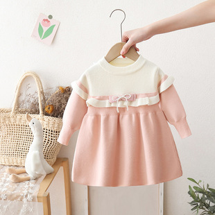 女童红色针织连衣裙秋冬装2025儿童公主裙拼色毛衣蝴蝶结裙子童装