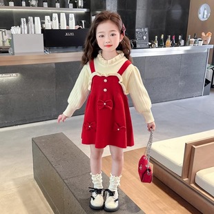 女童连衣裙秋冬装洋气时髦针织假两件公主裙儿童红色周岁毛衣裙子
