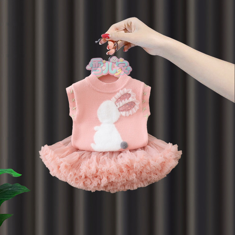 女童针织衫套装春秋2025新款洋气儿童网纱裙子上衣女孩薄款两件套