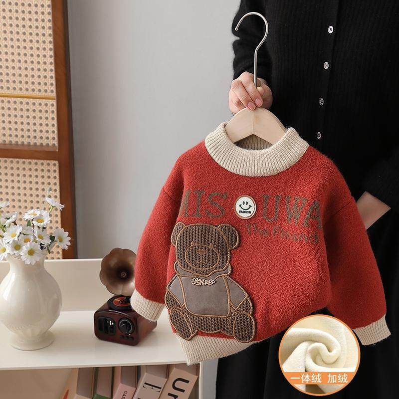 男女童卡通套头加厚一体绒毛衣羊羔绒儿童保暖秋冬内搭打底针织衫