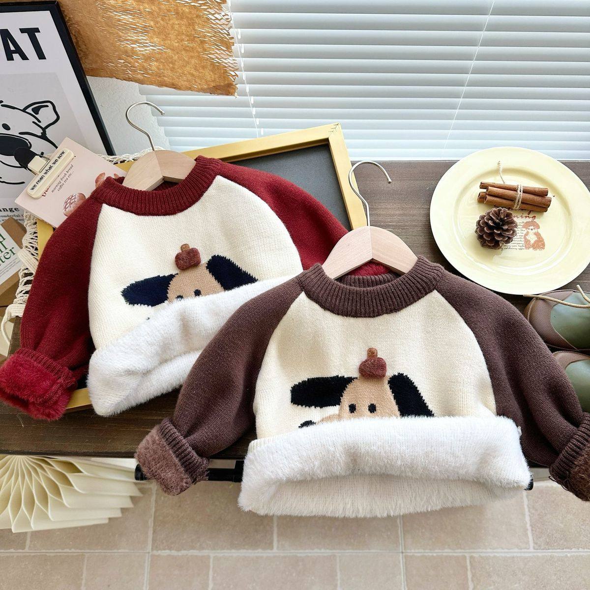 男宝宝可爱一体绒毛衣婴幼儿童套头加绒毛线衣男童卡通加厚针织衫