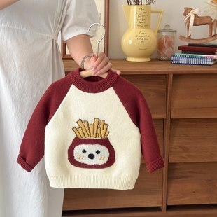 男宝宝加绒毛衣秋冬加厚男女童针织打底衫儿童内搭卡通拼色毛线衣