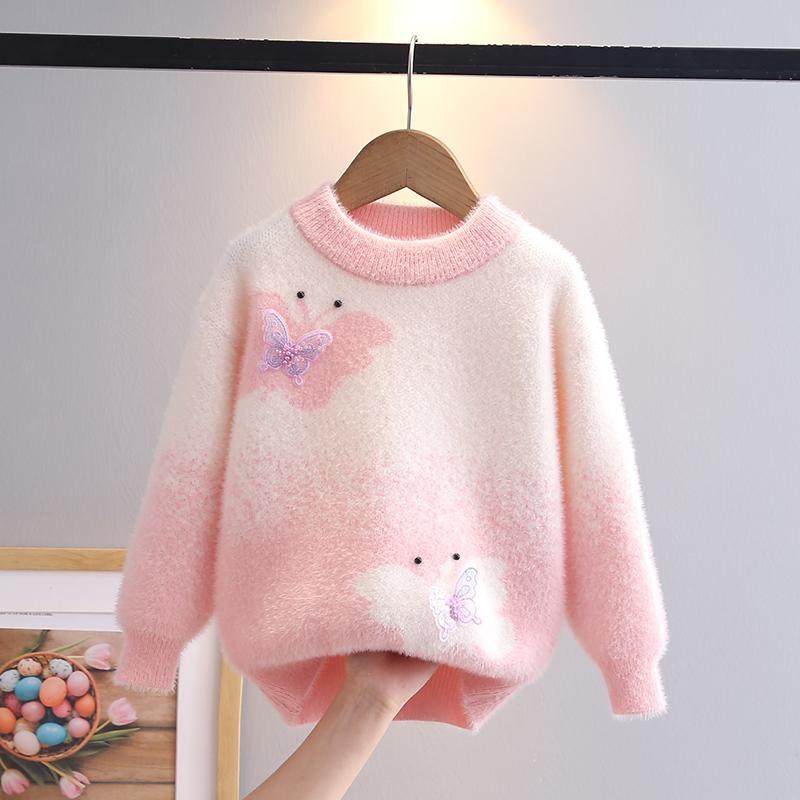 女童水貂绒毛衣宽松秋冬中小童加绒加厚针织打底衫儿童女孩保暖衣