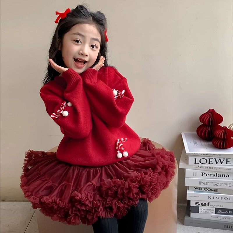 女童新年衣服红色加绒毛衣冬装新款儿童针织洋气套装过年服打底衫