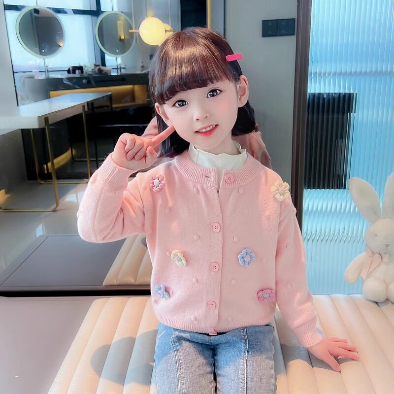 中小童甜美花朵毛衣开衫女宝宝洋气蓬蓬裙春秋季公主风女童两件套