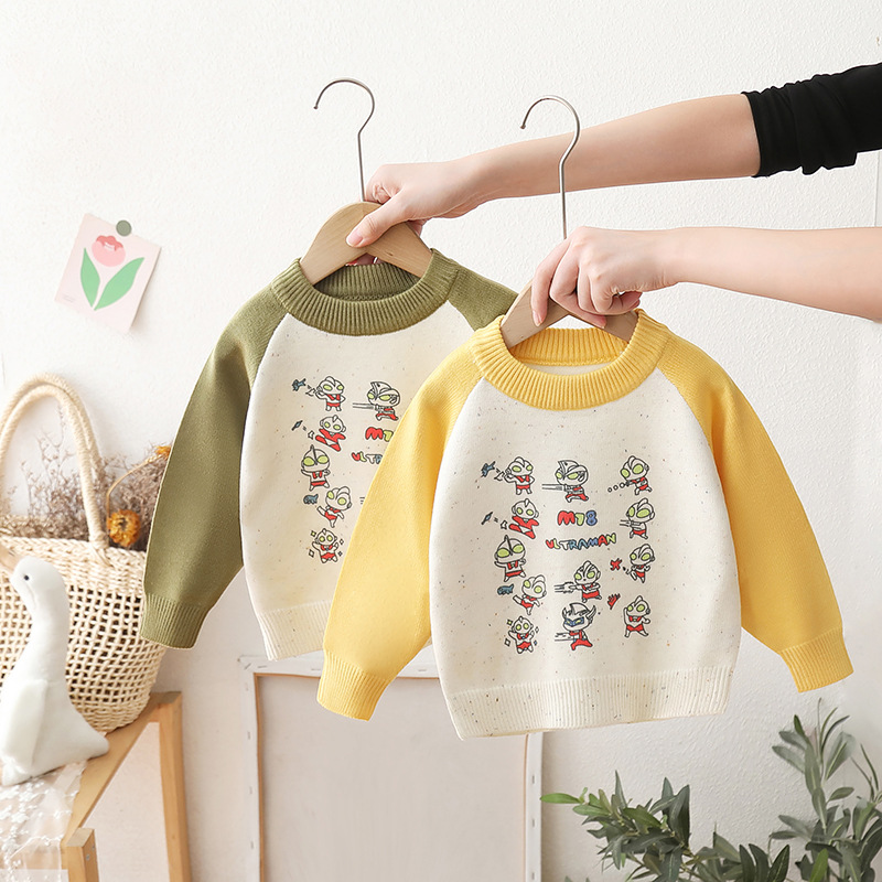 儿童加绒针织打底衫男童内搭卡通奥特曼毛衣秋冬款男宝宝保暖上衣