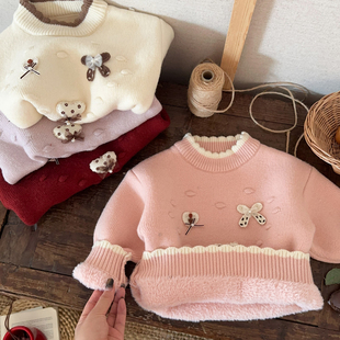 女童一体绒毛衣冬季2025新款洋气女宝宝加绒加厚儿童装针织打底衫