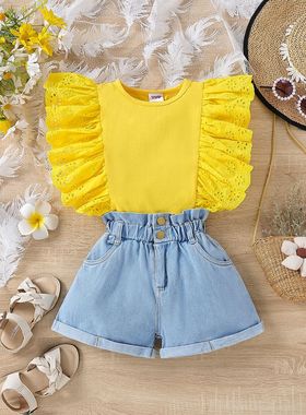 外贸跨境夏季衣服女童蕾丝短袖黄色上衣牛仔短裤套装婴幼儿童服装