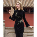 连衣裙 加绒加厚刺绣改良气质长袖 凌茜新中式 黑色丝绒旗袍秋冬新款