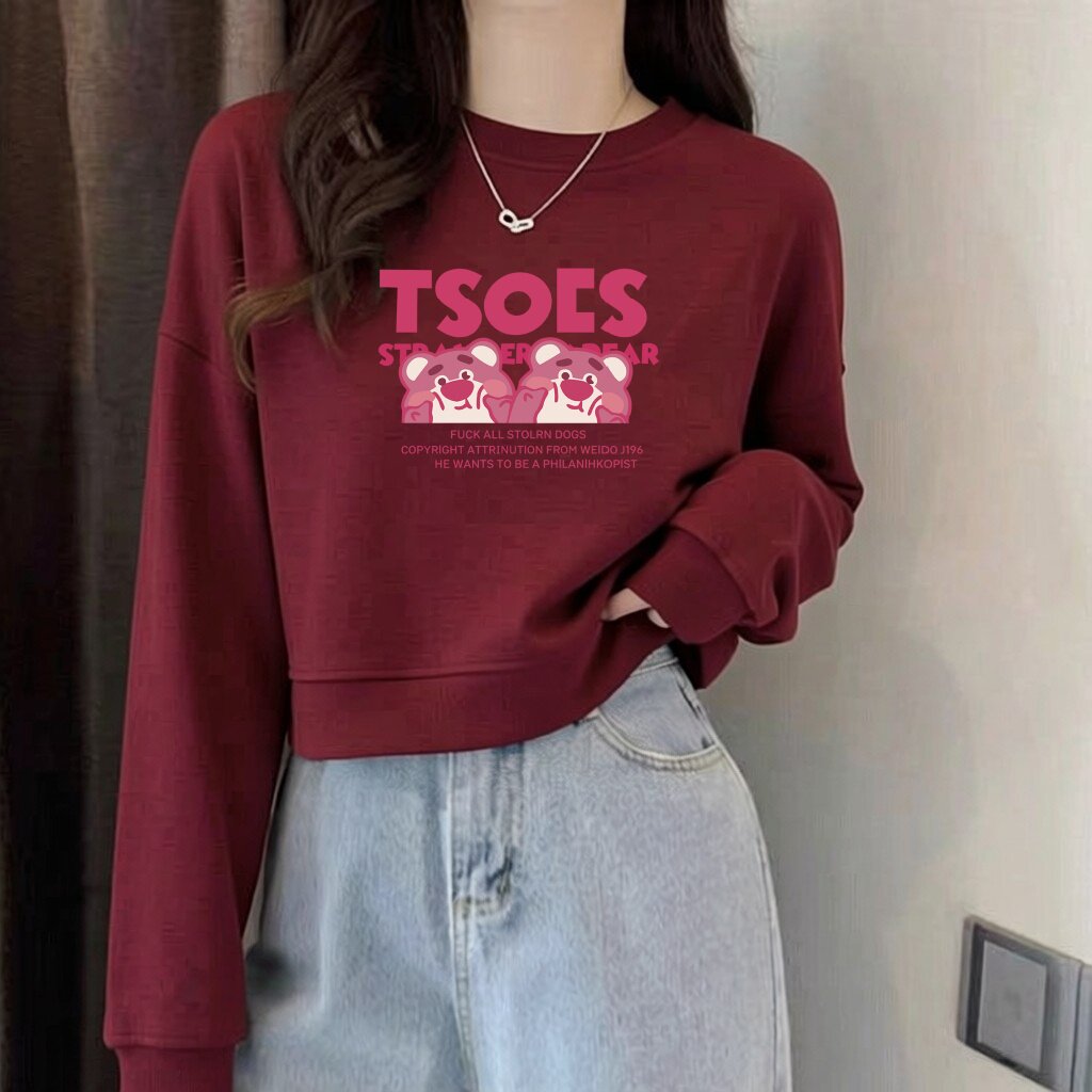 学院风酒红纯棉短款宽松卫衣女