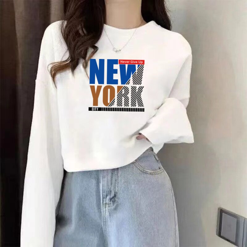 纯棉短款卫衣女薄款字母印花长袖T恤女韩版宽松显瘦百搭休闲上衣