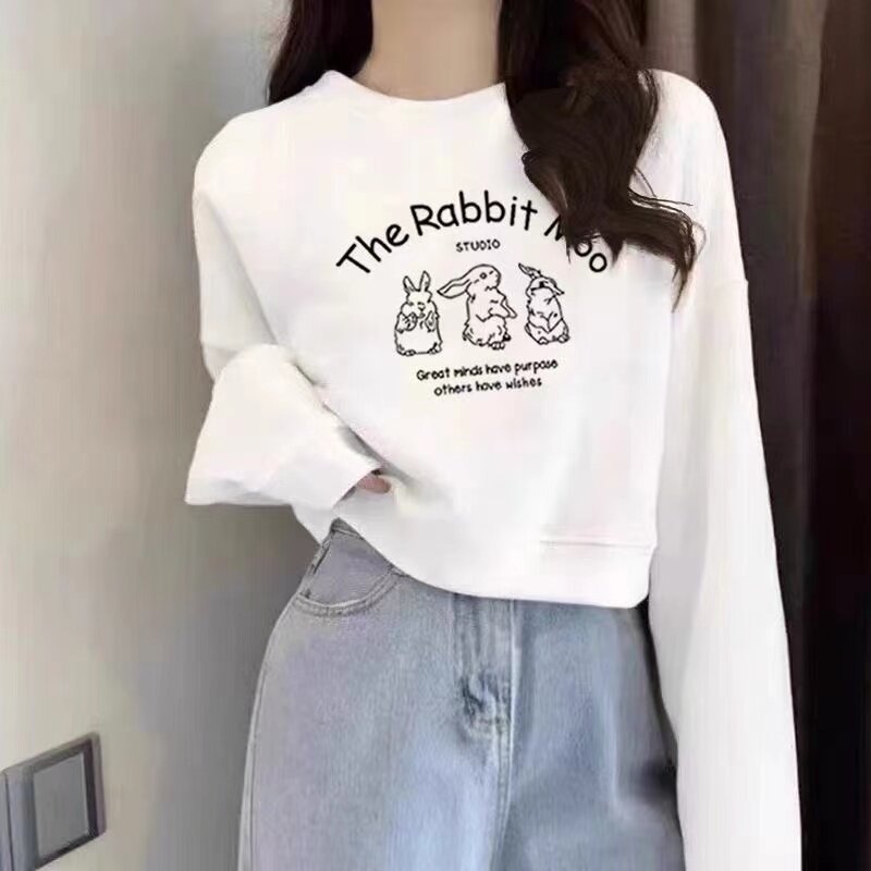 毛圈线纯棉可爱休闲风印花短款卫衣女宽松圆领套头小个子白色上衣