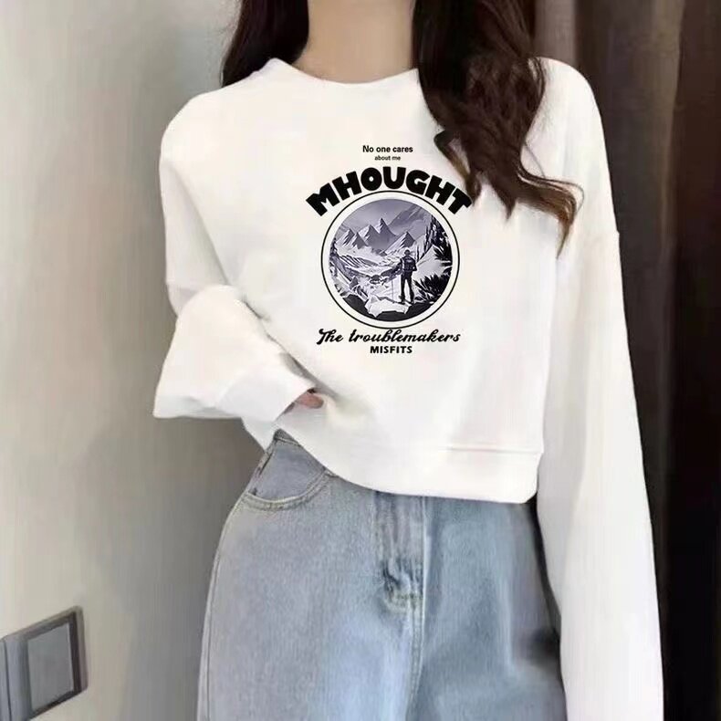 毛圈纯棉秋季韩版字母印花短款卫衣女白色圆领宽松小个子长袖上衣