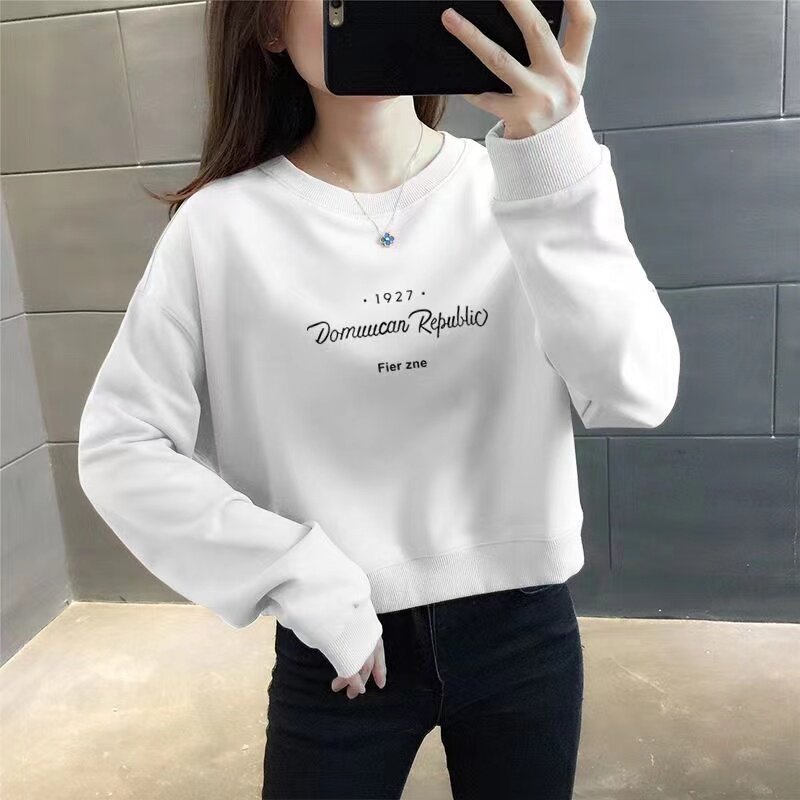 毛圈纯棉薄款字母印花卫衣女小个子短款宽松韩版上衣小个子显瘦