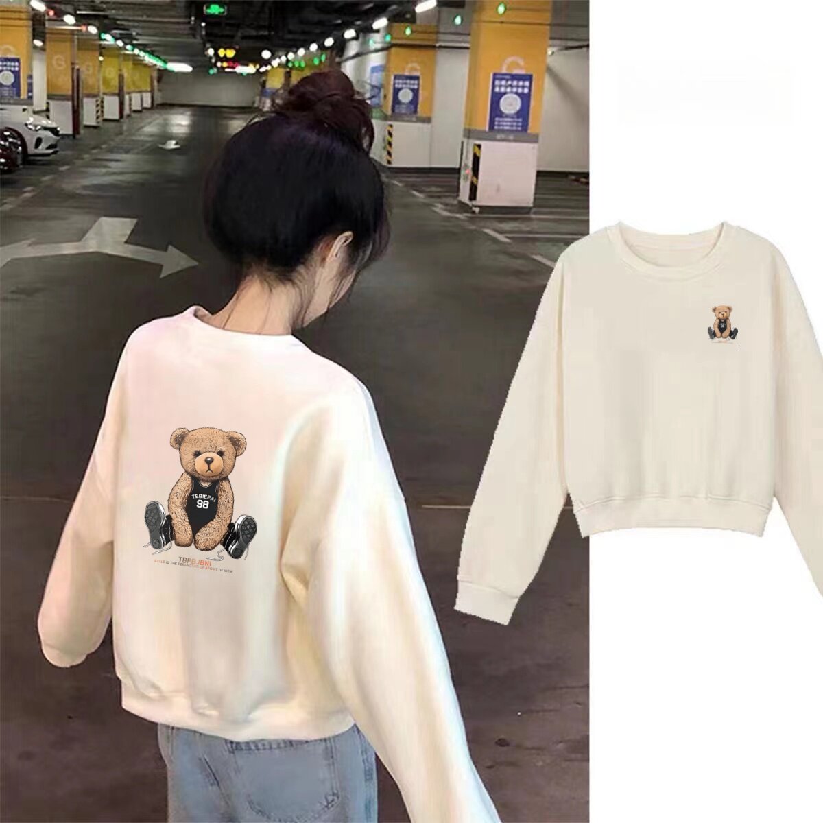 纯棉春秋可爱休闲风小熊短款印花卫衣女宽松圆领长袖上衣显瘦套头